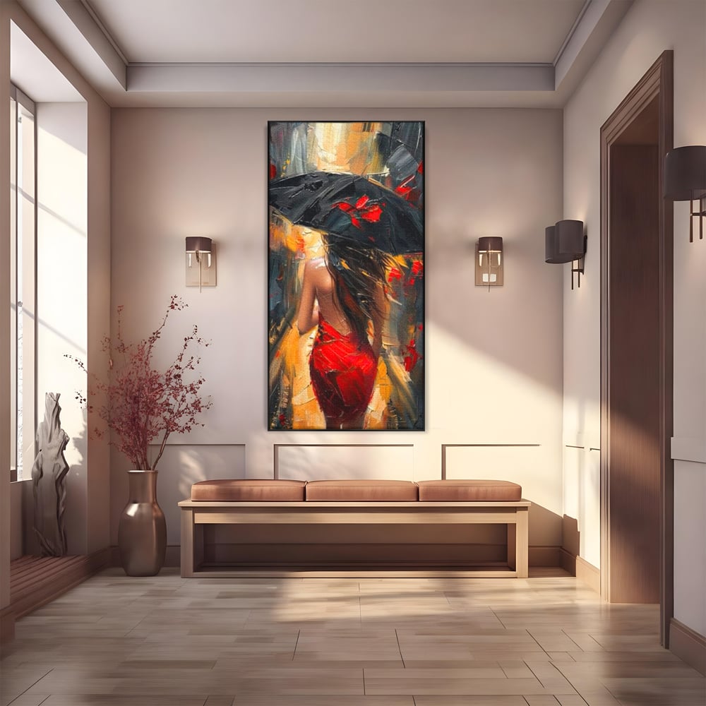 Tablou canvas cu pictura cu femeie si umbrela rosie, in rama de aluminiu negru